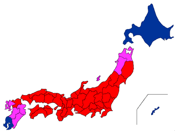 赤・ピンク・青に色分けされた日本地図